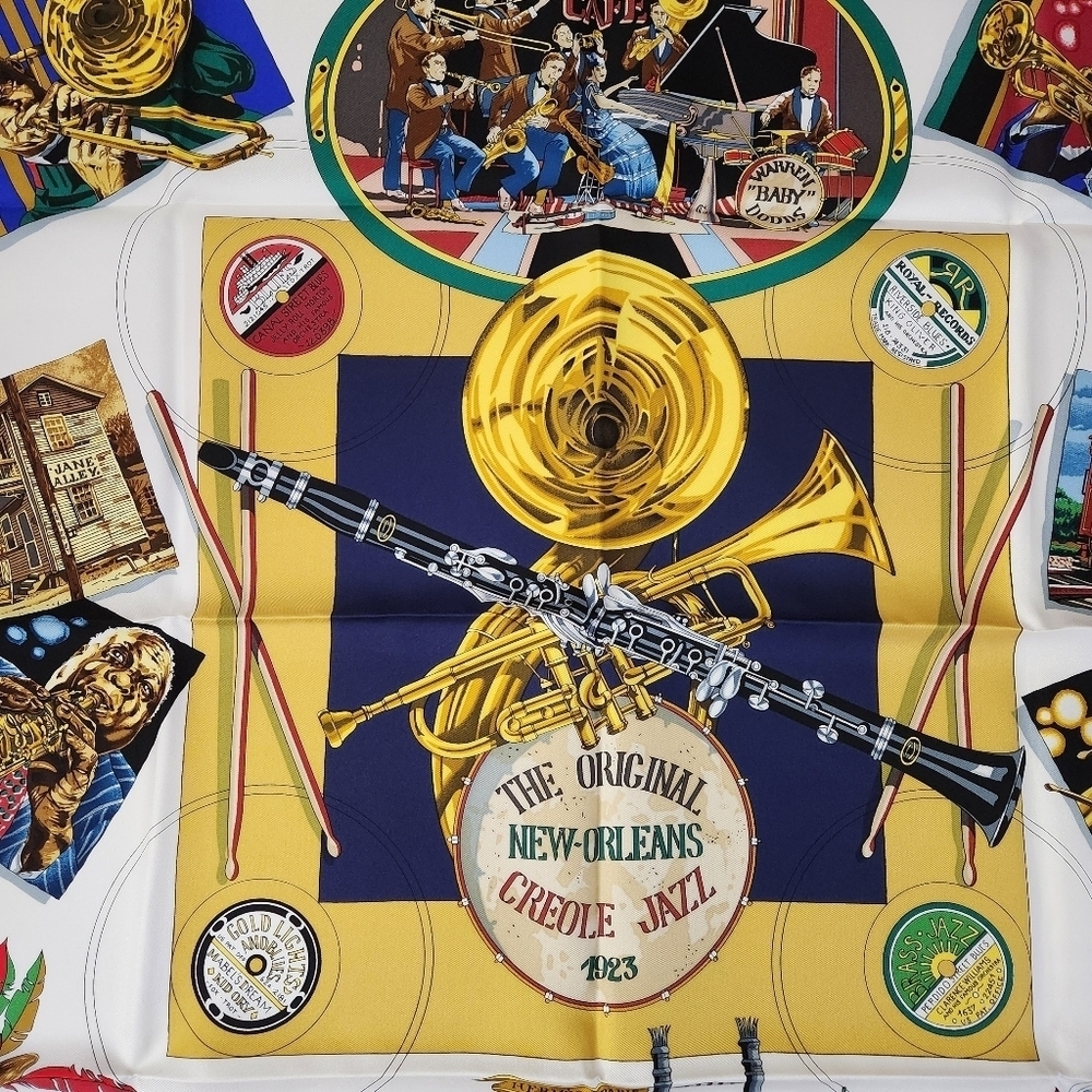 HERMÈS silk scarf with box New-Orleans Creole Jazz by Loïc Dubigeon square 35" - Picture 12 of 16